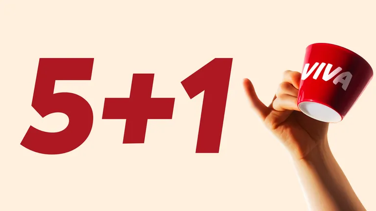 The text "5+1" is written in red with a red VIVA coffee cup next to it