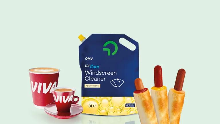 Red VIVA coffee cups, an OMV windscreen cleaner and three hot dogs